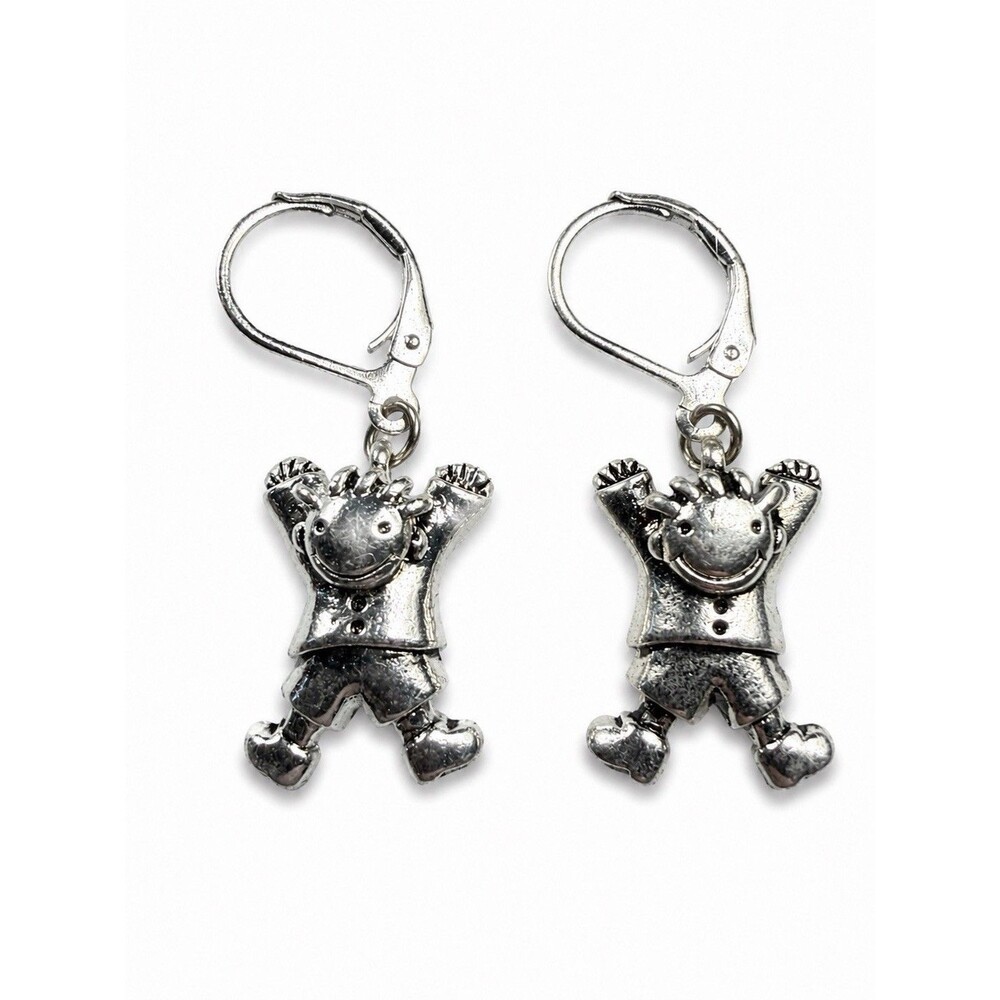 Vintage Silver Tone Happy Child Figural Dangle Leverback Earrings - Picture 2 of 5